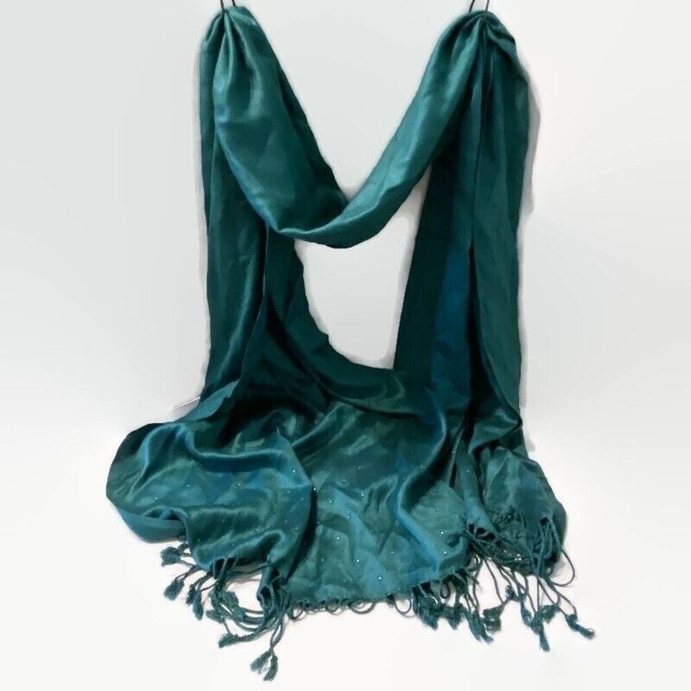 Rectangle Scarf Teal Fringe Bejeweled Tassel Timeless Long Comfort Cozy Modest